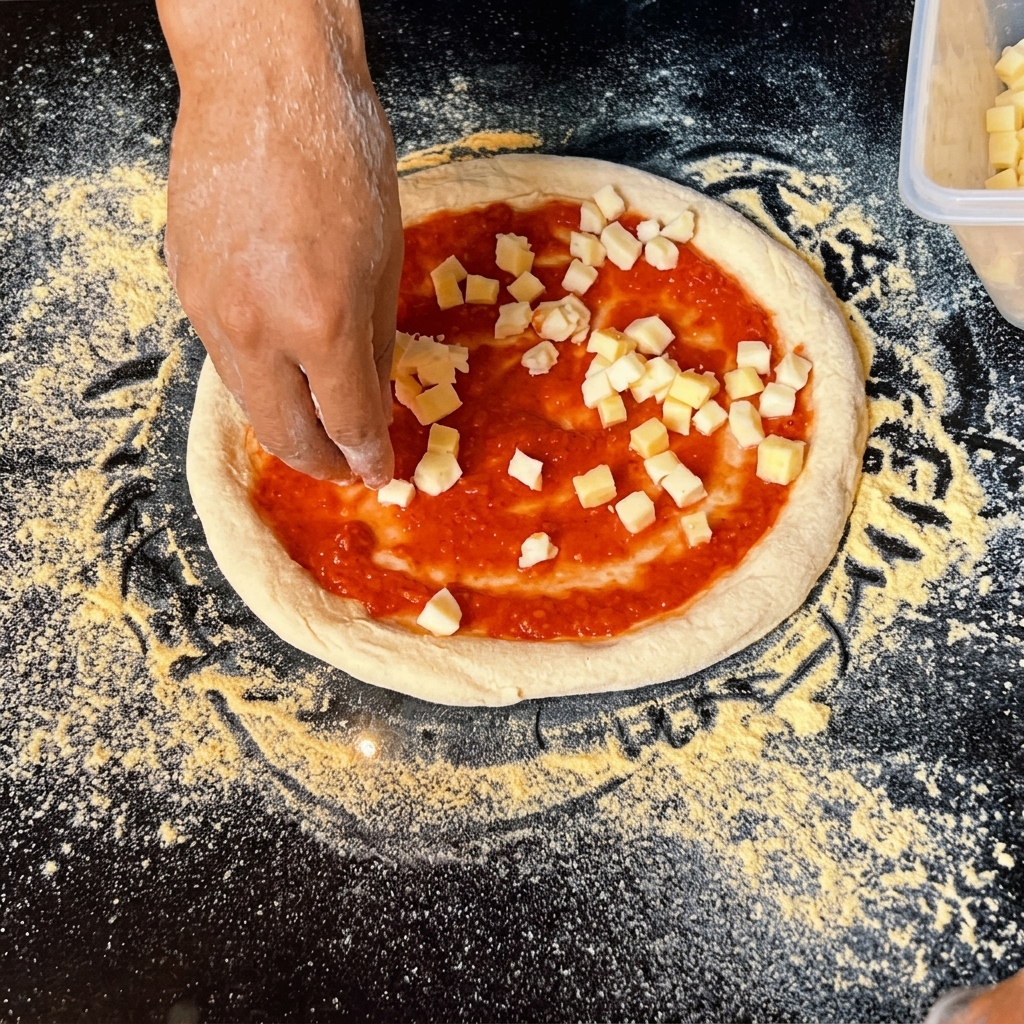 Petits dés de mozzarella parsemés sur la couche de sauce tomate.