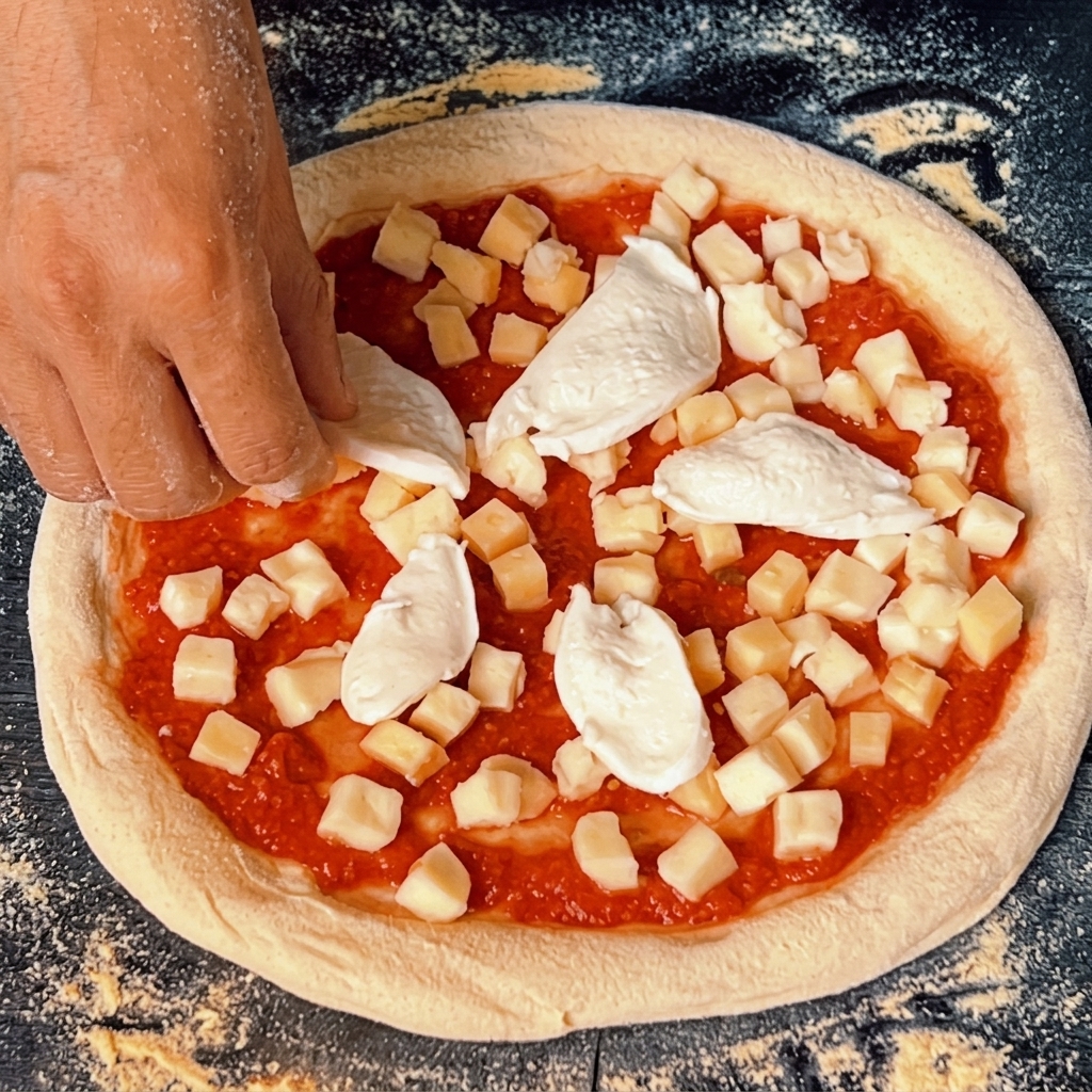 Morceaux de mozzarella di bufala et feuilles de basilic vert frais placées sur la pizza.