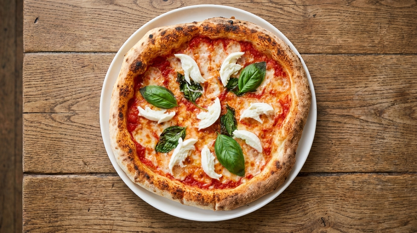 Une pizza Margherita tout juste sortie du four, avec sa mozzarella fondante, son basilic frais et une croûte croustillante.