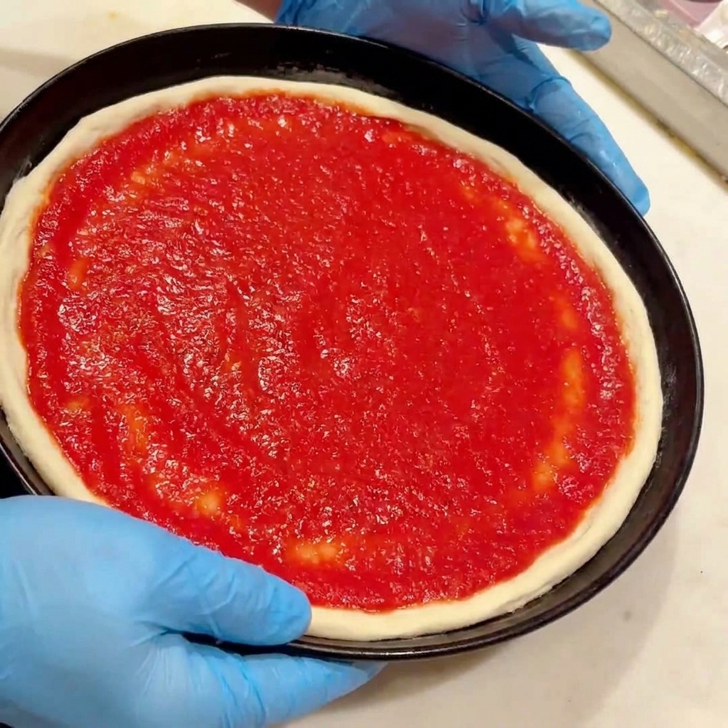 Sauce tomate rouge vive étalée uniformément sur la surface de la pâte à pizza crue.