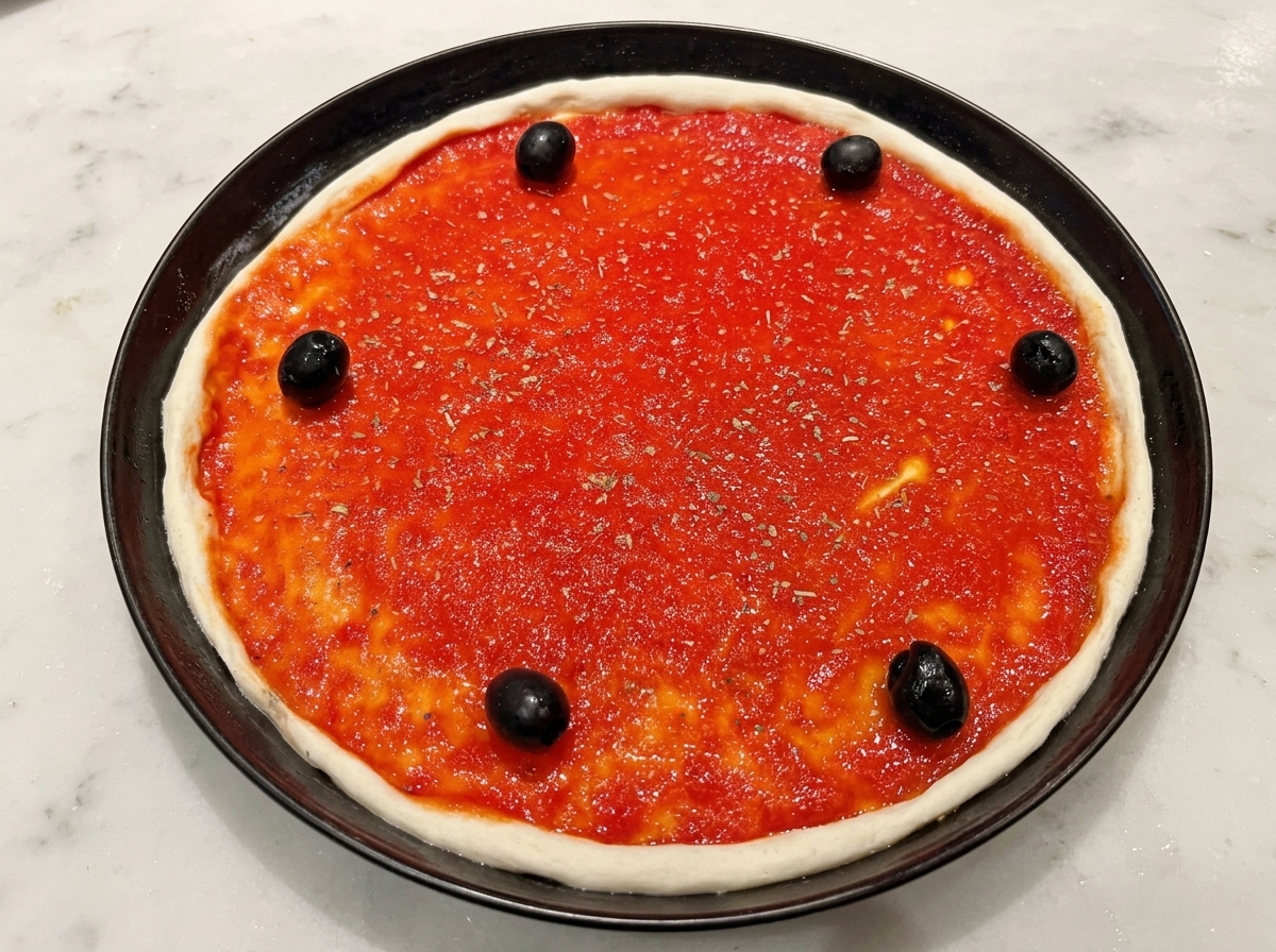 Olives noires disposées sur la sauce tomate, avec un filet dhuile.