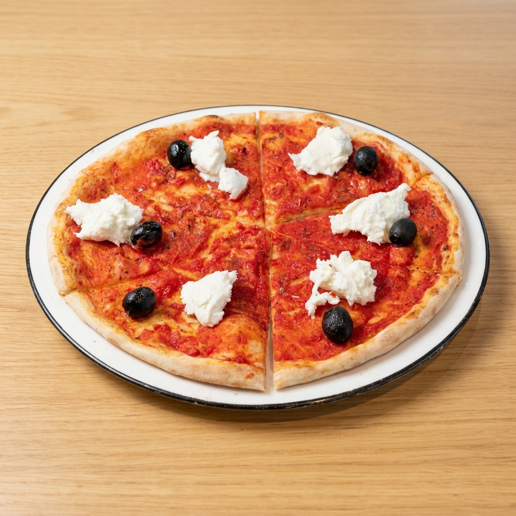 Pizza fraîchement sortie du four avec sauce tomate, olives noires et morceaux de mozzarella di bufala blanche.