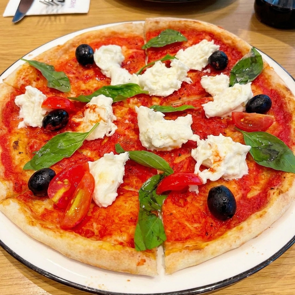 Pizza garnie de morceaux de mozzarella, feuilles de basilic, olives noires et tomates cerises tranchées.