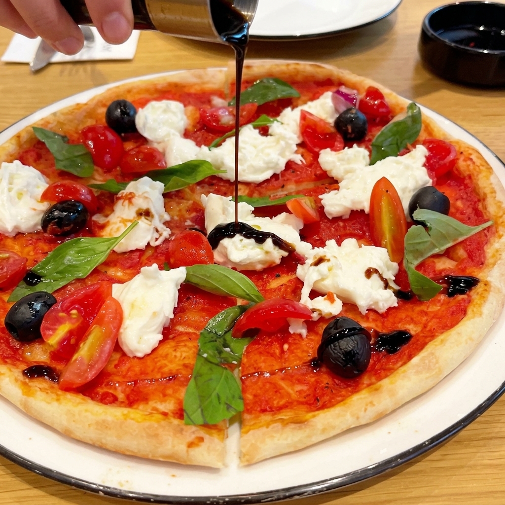 Glaçage balsamique sombre versé sur une pizza chaude.