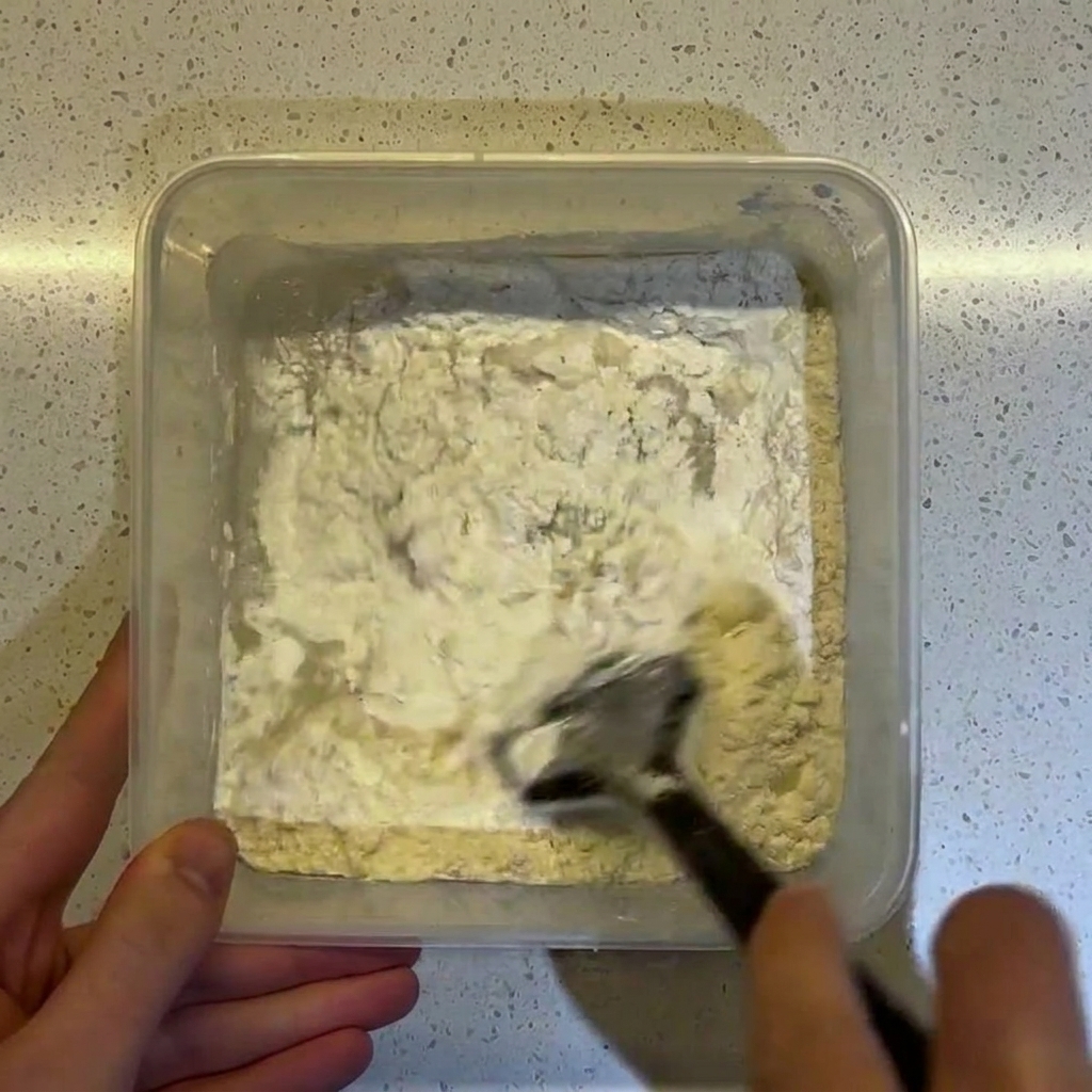 Une spatule noire mélangeant une pâte humide et collante dans un récipient carré transparent.