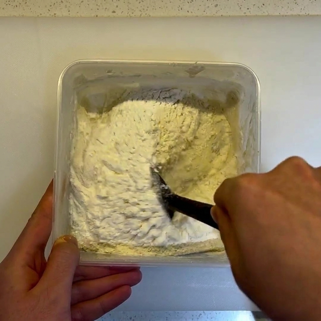 Une spatule noire mélangeant une pâte épaisse dans un récipient carré, sassurant quil ne reste plus de farine sèche.