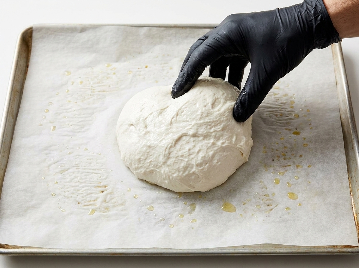 Une main avec un gant noir déposant une boule de pâte lisse sur une plaque recouverte de papier sulfurisé huilé.