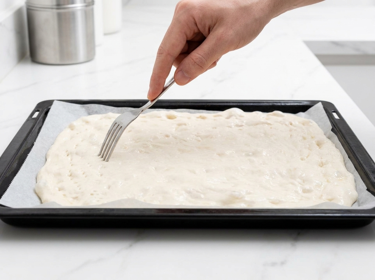 Une main utilisant une fourchette en métal pour percer de petits trous dans une pâte à pizza crue et rectangulaire sur une plaque de cuisson.