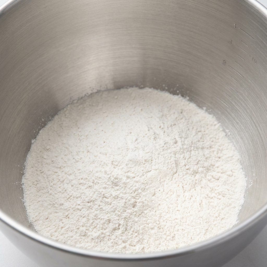 Ingrédients secs et farine dans un grand saladier, prêts à être mélangés pour former la pâte.