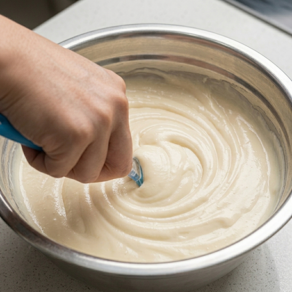 Lait concentré sucré et mayonnaise mélangés avec un pinceau en silicone bleu.