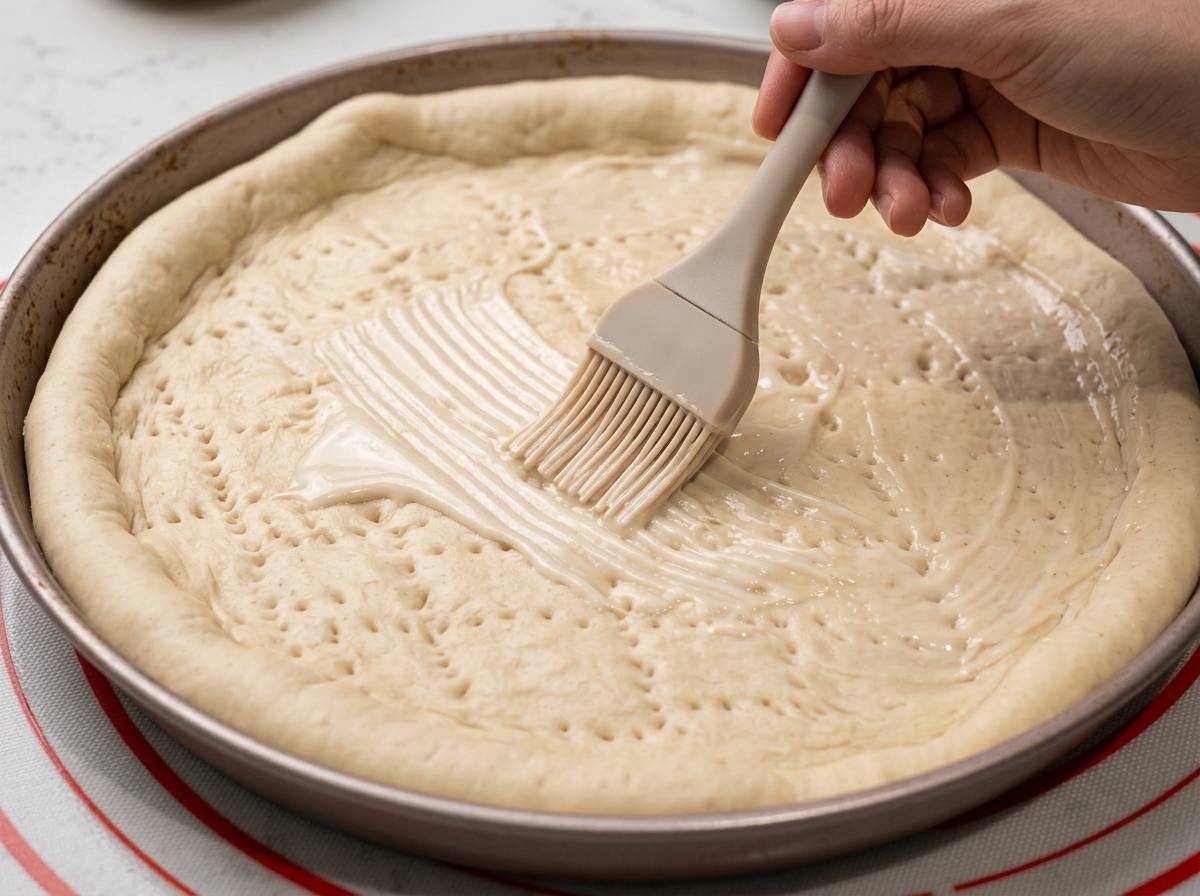 Une main utilise un pinceau en silicone pour étaler une sauce crémeuse blanche sur une base de pizza dans un moule rond.
