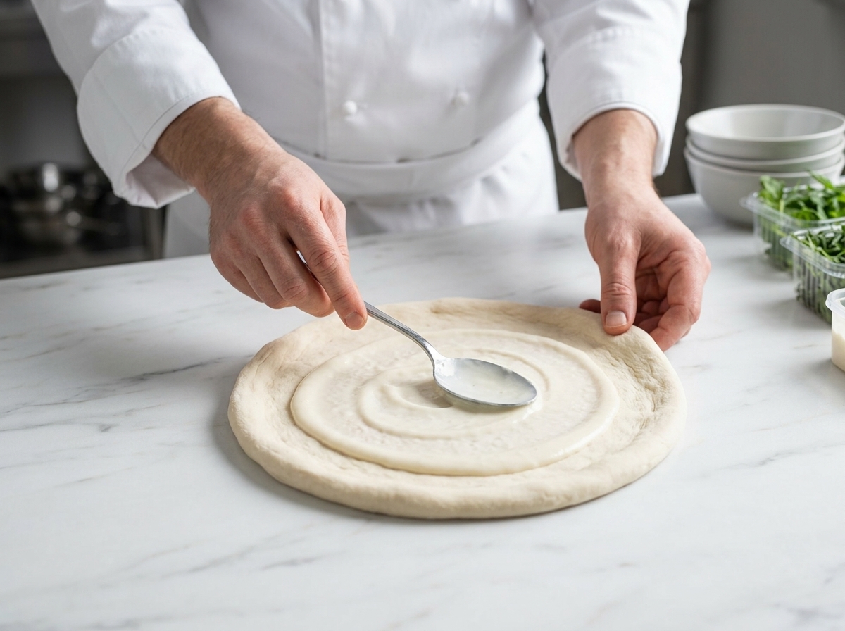 Une cuillère en métal étalant une sauce blanche crémeuse sur une base de pâte à pizza circulaire.