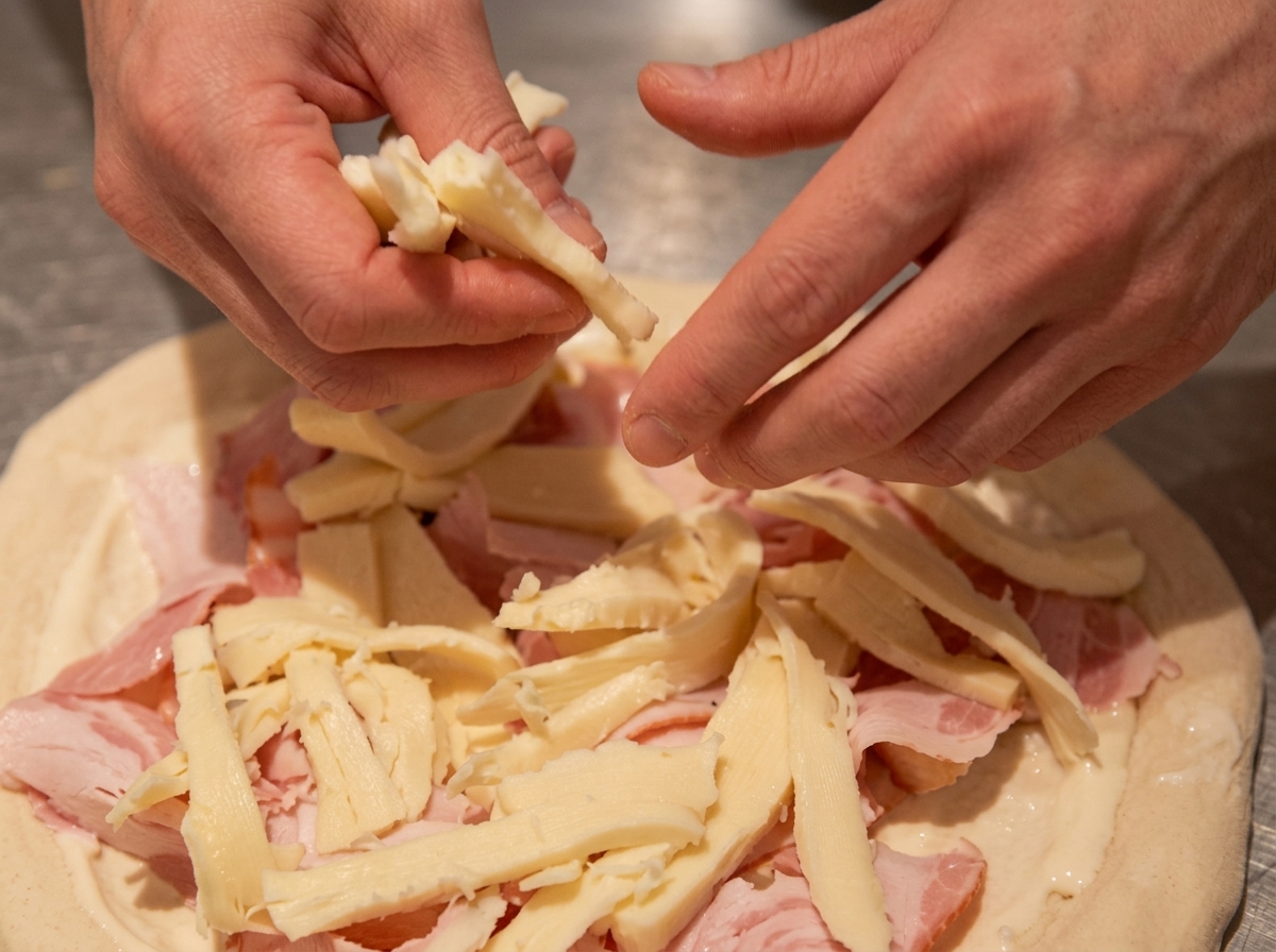Des lanières de fromage saupoudrées sur la garniture de porc et de pommes de terre dune pizza.