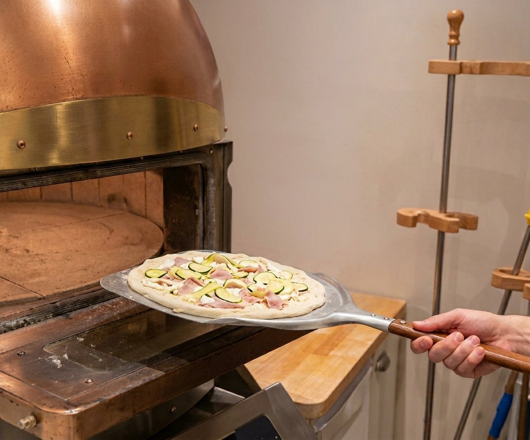 Une pizza crue garnie de courgettes et de jambon glissée dans un four à pizza à pierre chaude à laide dune pelle en métal.