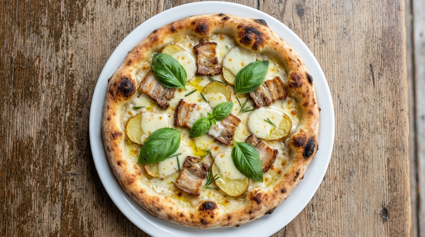 Une pizza aux pommes de terre et au porc fraîchement sortie du four, agrémentée de feuilles de basilic frais.