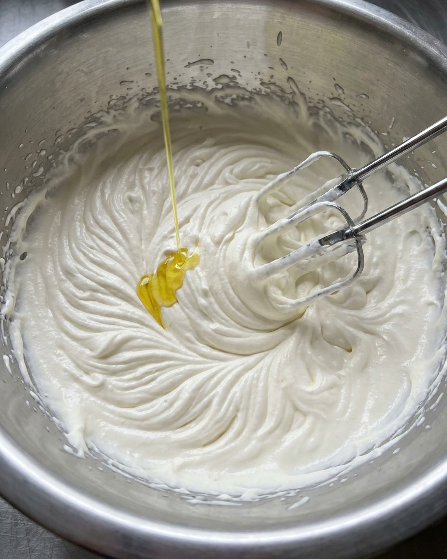 Huile versée en filet dans un bol de pâte pendant quun batteur à main est utilisé pour pétrir.