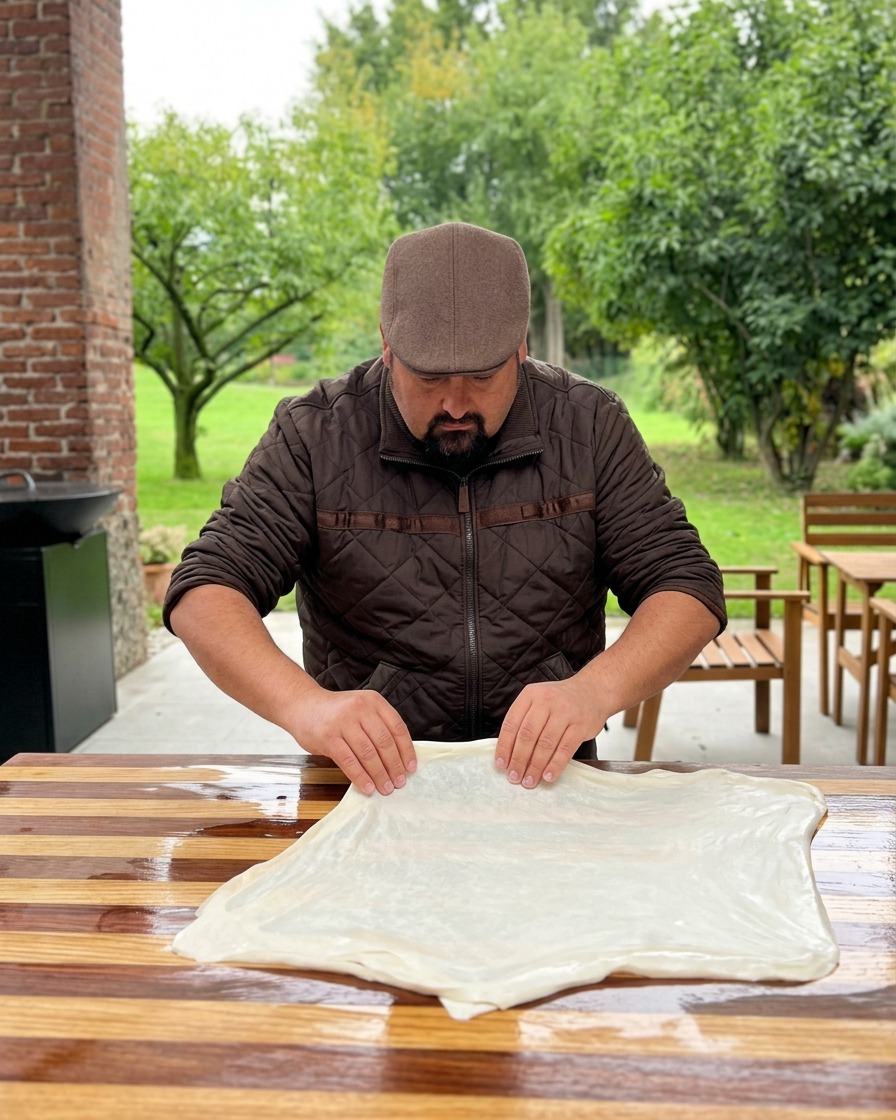 Pâte étalée à plat à la main sur une surface en bois.