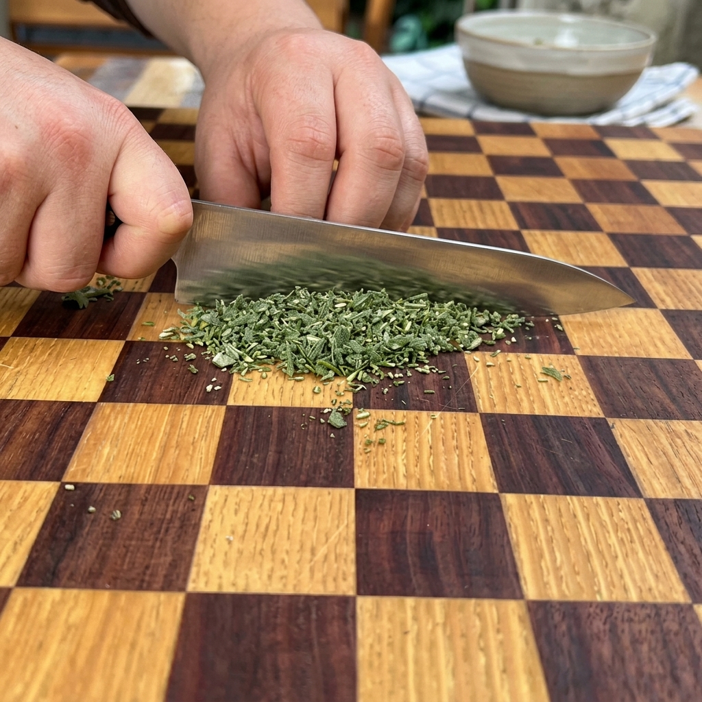 Herbes fraîches vertes finement hachées sur une planche à découper en bois avec un couteau de chef.