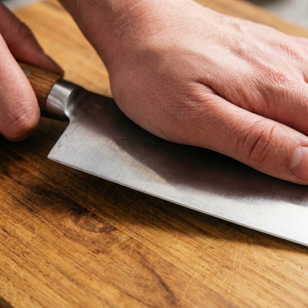 Gousses dail écrasées avec le plat dun couteau sur une planche en bois.