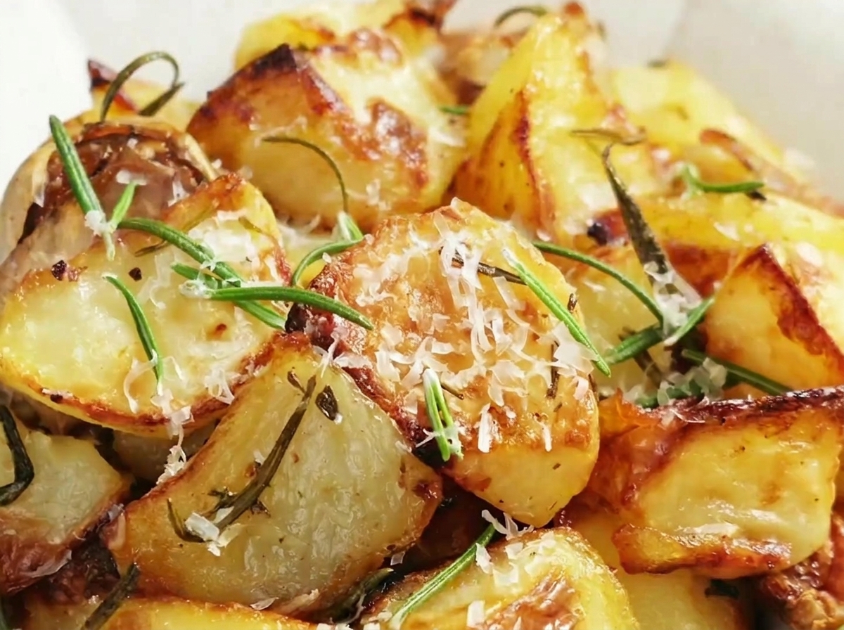 Pommes de terre, ail et romarin mélangés dans une plaque de cuisson avec une cuillère en bois.