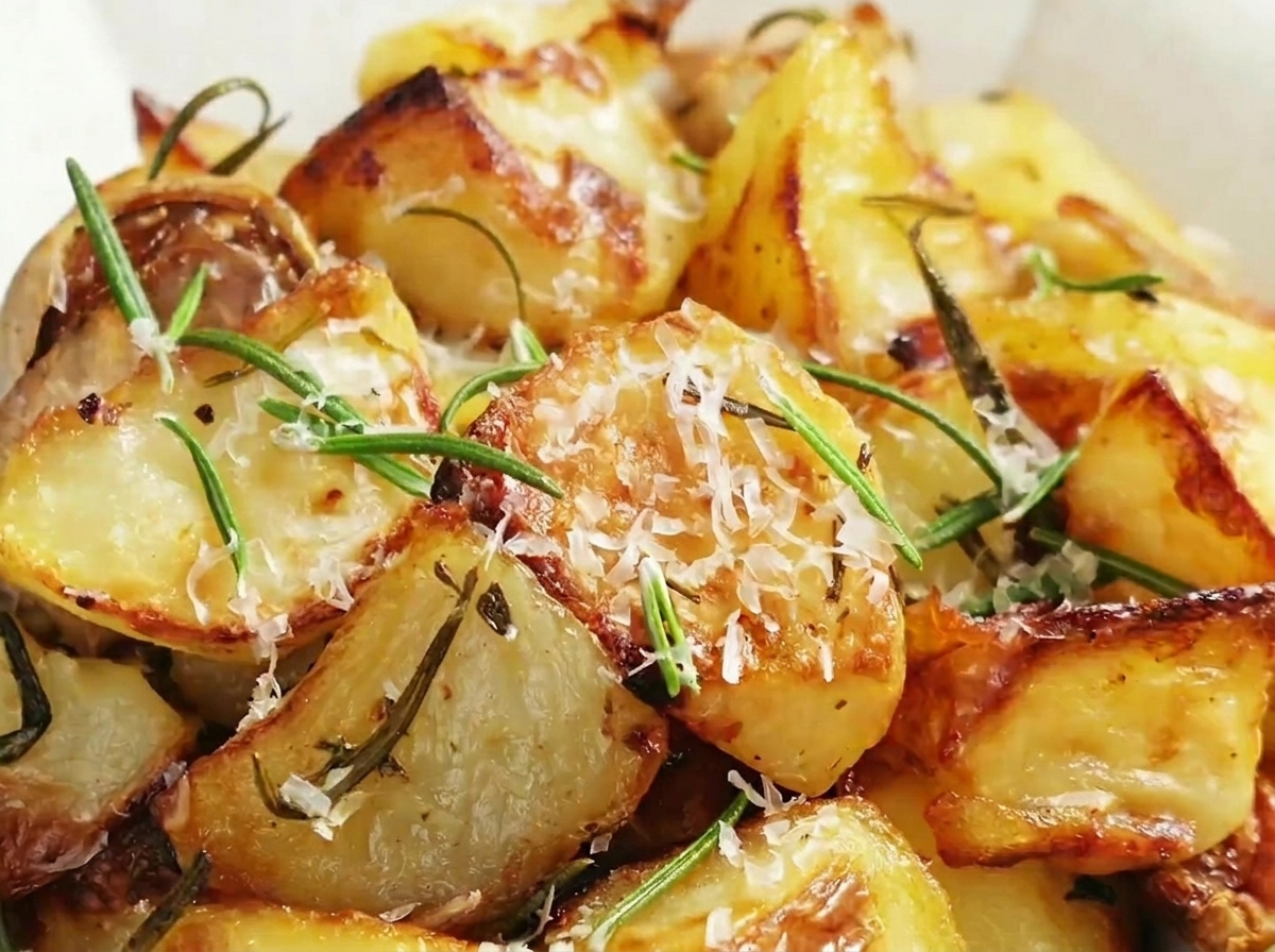 Pommes de terre rôties retournées dans la plaque de cuisson avec une cuillère en bois.
