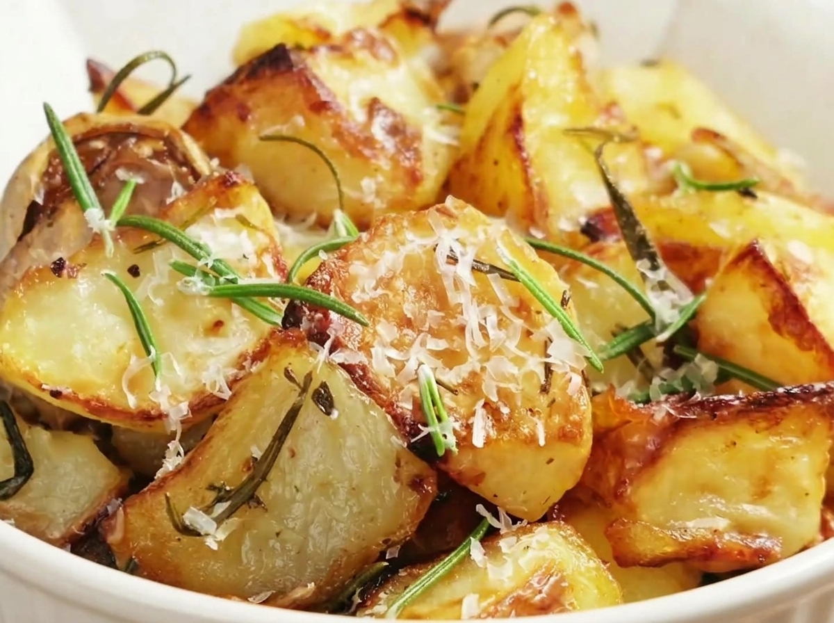 Pommes de terre rôties dorées délicatement grattées de la surface de la plaque de cuisson.