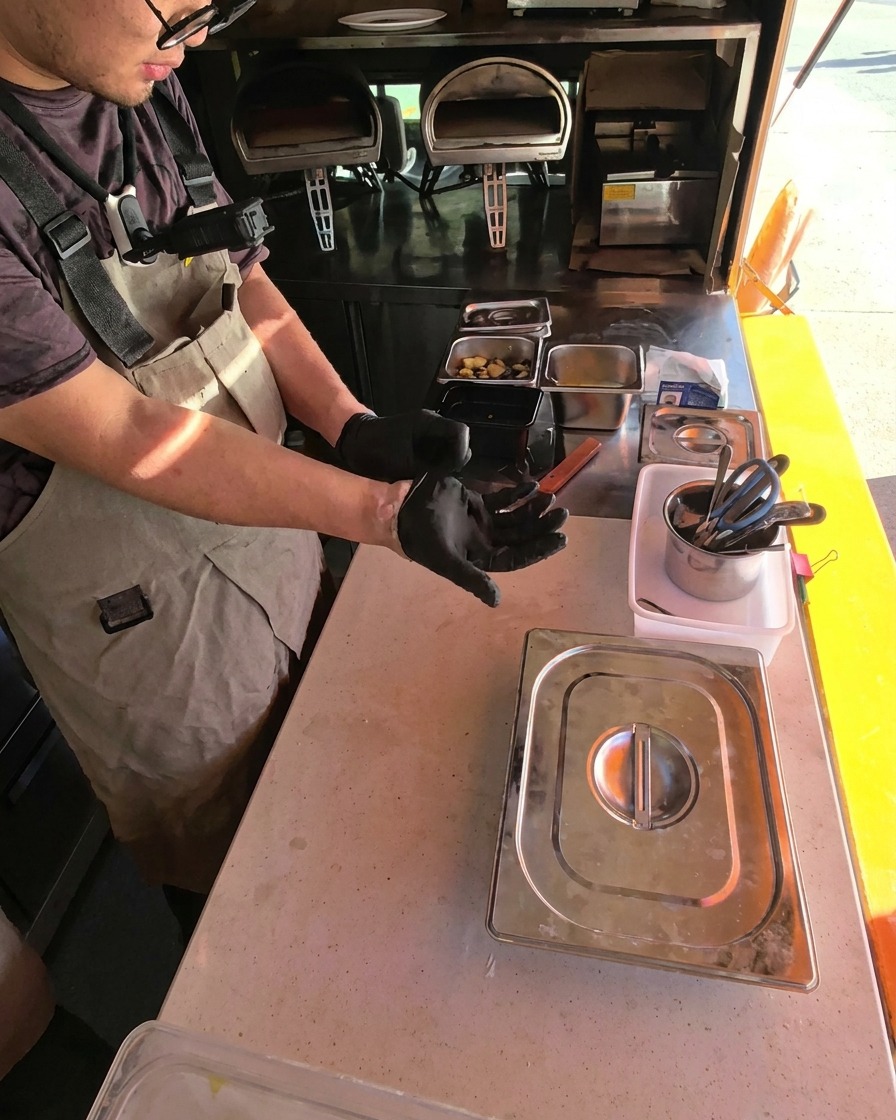 Une boule de pâte à pizza farinée sur un plateau de préparation.