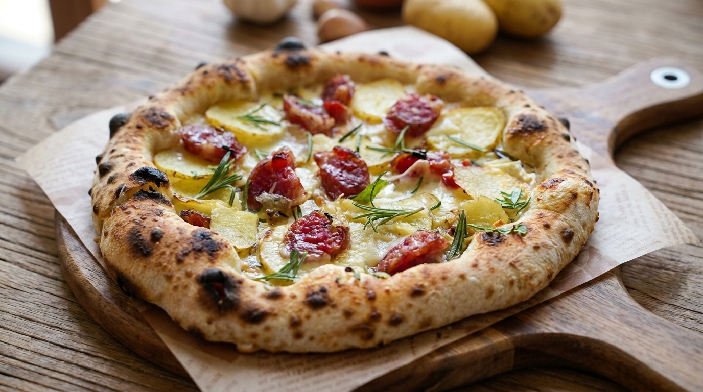 Pizza au romarin, pommes de terre et saucisse chinoise