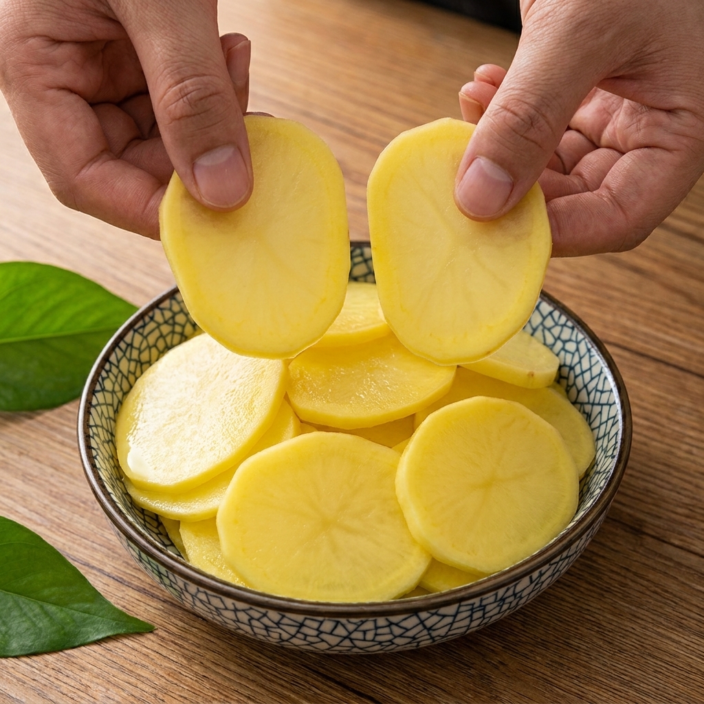 Fines tranches de pommes de terre crues mélangées avec du romarin frais et de lhuile dolive dans un bol en céramique.