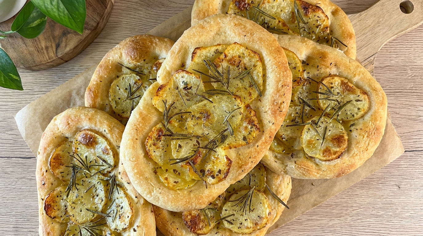 Une fournée de focaccias aux pommes de terre dorées et parfumées au romarin frais.