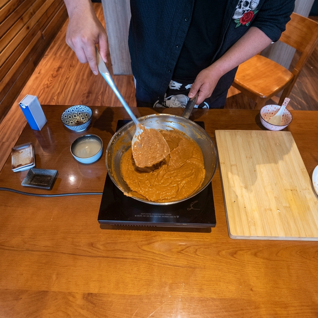 Gros plan dune pâte miso épaisse et savoureuse en cours de cuisson dans une poêle en acier inoxydable.