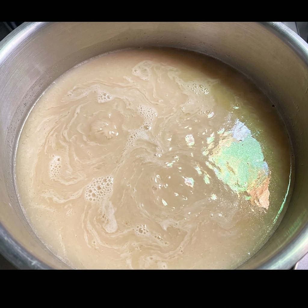 Le bouillon tonkotsu versé dans une poêle avec la pâte miso, créant un mélange crémeux et riche.