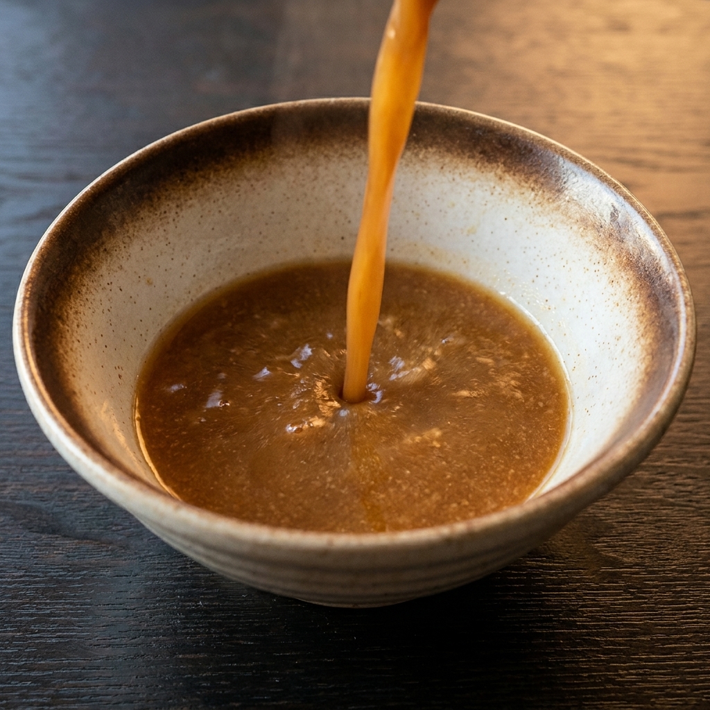 Bouillon miso riche et brûlant versé dans un bol contenant des nouilles ramen fraîchement préparées.