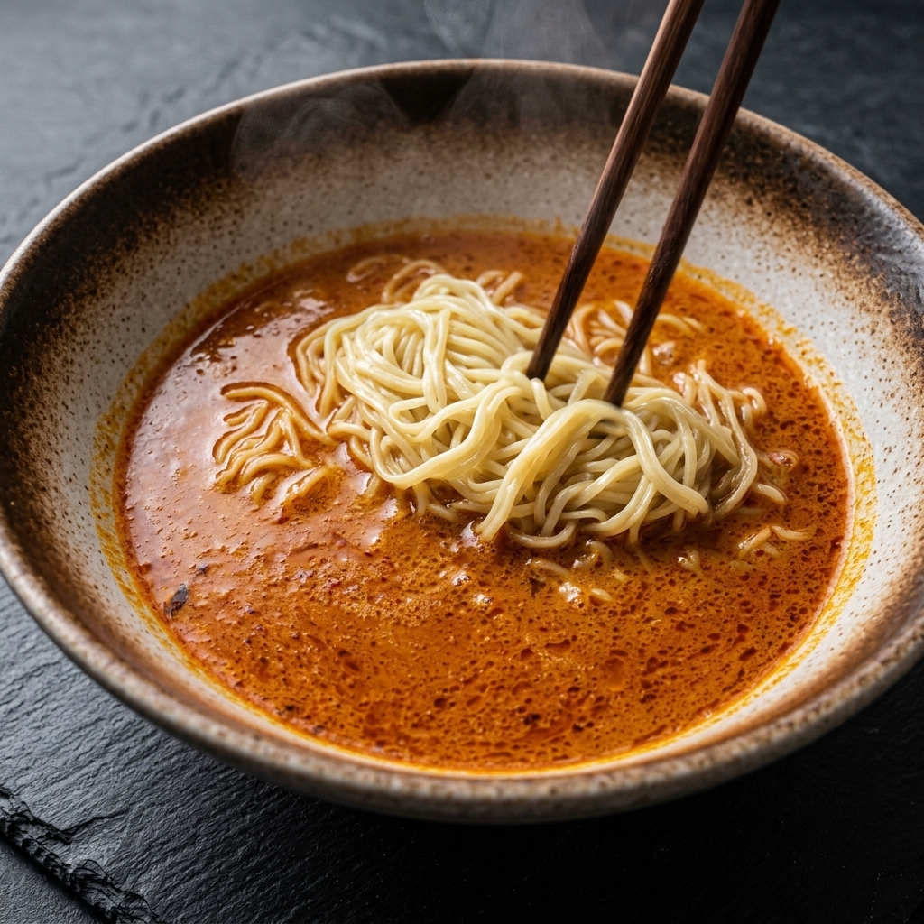 Huile pimentée versée dans un bol de ramen, avec des baguettes prêtes à mélanger.