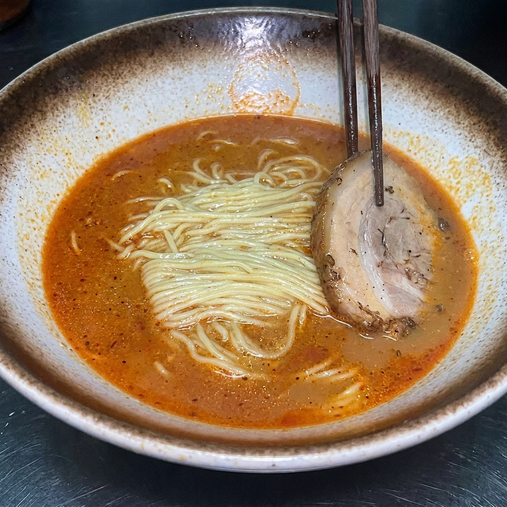 Un bol de ramen miso complet, garni de tranches de porc chashu, de moitiés dœuf mollet et de maïs doux.