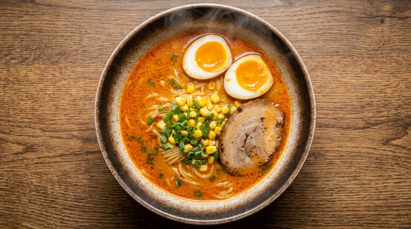 Un bol de ramen miso style Sapporo avec un bouillon riche et opaque, surmonté de porc chashu, dun œuf mollet, de maïs et doignons verts.