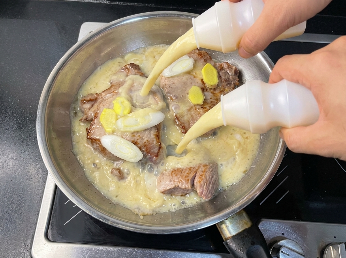 Deux bouteilles de Yakult versées sur le porc saisi, le gingembre et la ciboule.