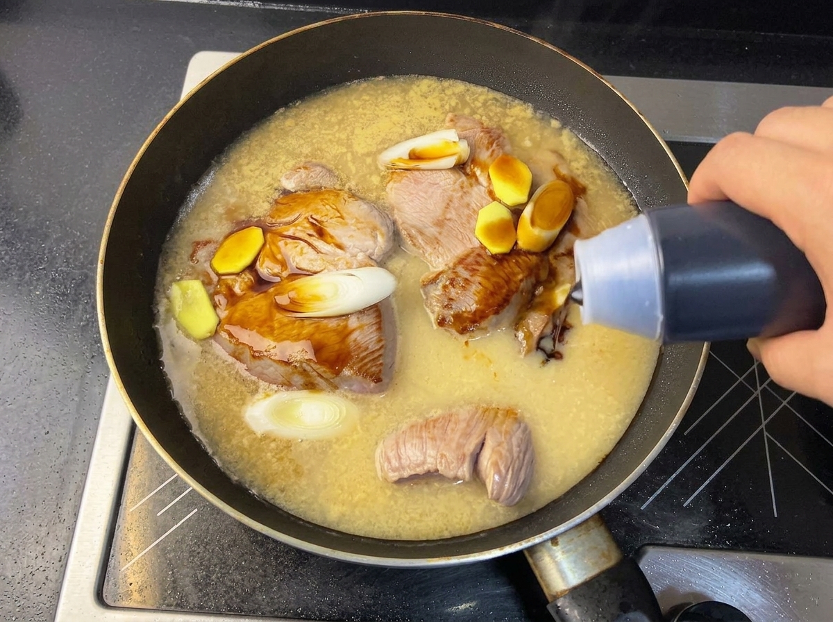 Sauce soja versée dans la poêle avec le porc, le Yakult, le gingembre et la ciboule.