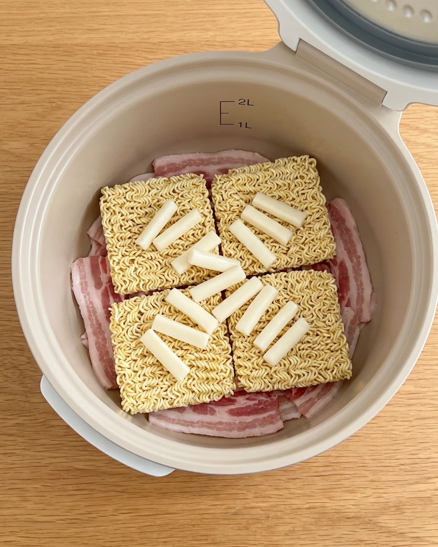Quartiers doignons frais disposés sur les nouilles dans la casserole.