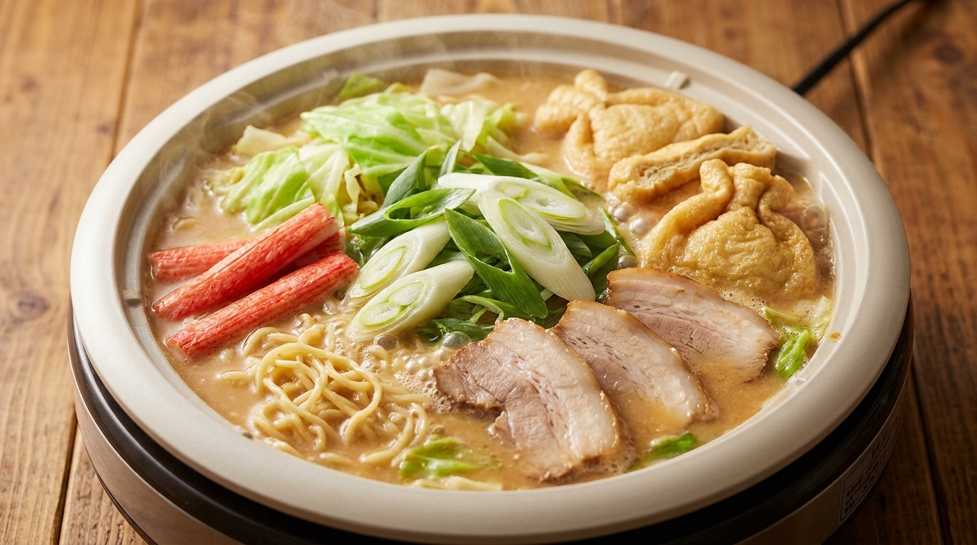 Une casserole fumante de ramen miso, garnie de poitrine de porc tendre, de chou, de bâtonnets de crabe, de tofu frit et de nouilles dans un riche bouillon au miso.
