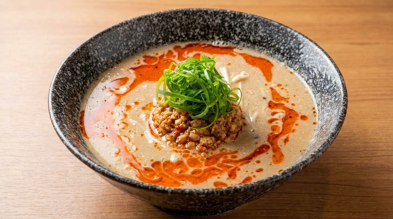 Un bol de Tantan ramen japonais — bouillon crémeux au sésame, viande hachée savoureuse, huile pimentée rouge vif et oignons verts frais.