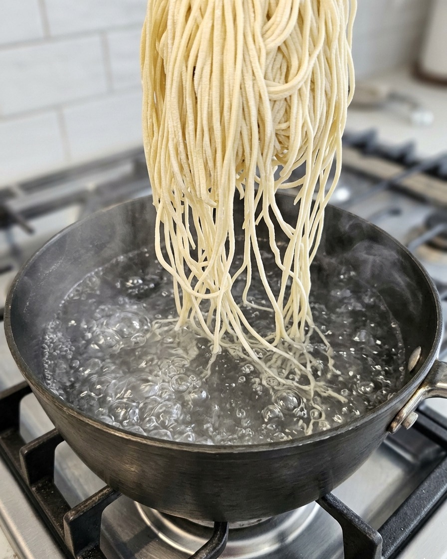 Nouilles ramen en train de bouillir dans une casserole deau.