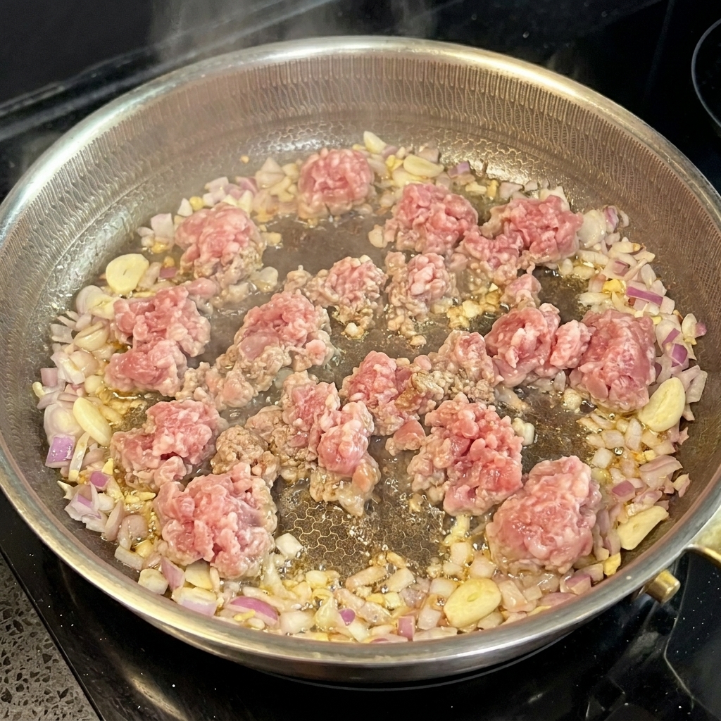 Viande hachée en train de dorer dans la poêle avec les aromates.
