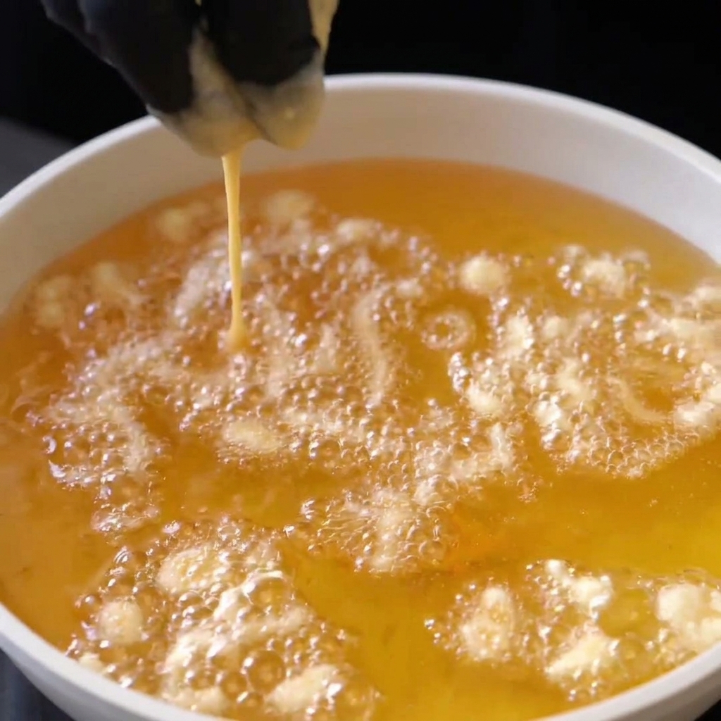 Petites gouttes de pâte frisant dans lhuile chaude, créant des éclats dorés croustillants.