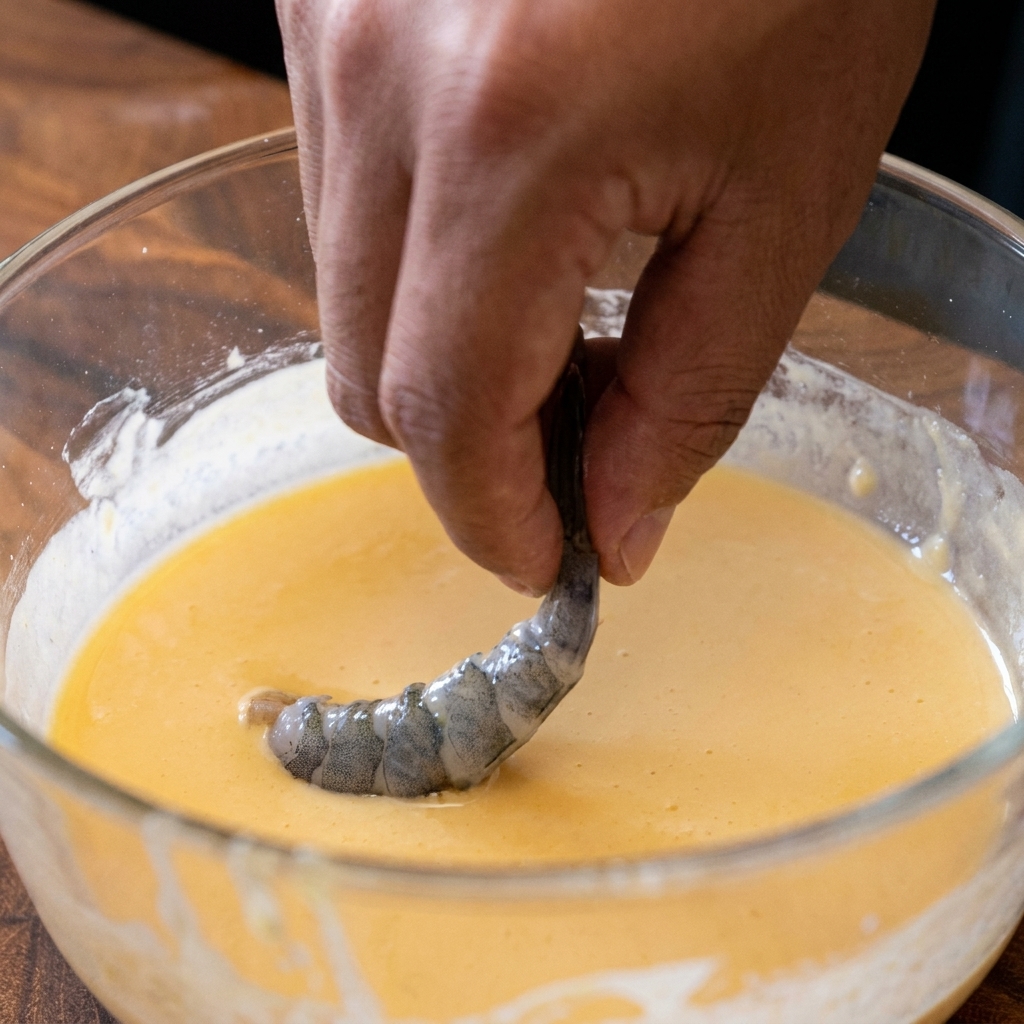 Une crevette enrobée de pâte humide, puis recouverte déclats de pâte frite dorés.