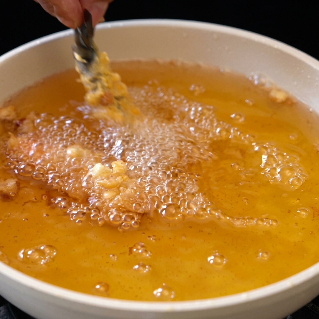 Des crevettes en train de frire dans lhuile chaude jusquà ce quelles soient dorées.