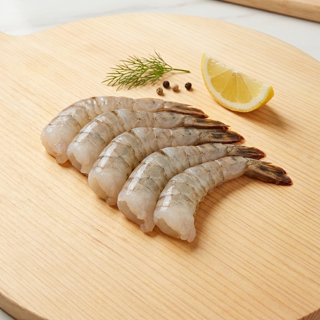 Gros plan sur des crevettes en train dêtre décortiquées et déveinées sur une planche à découper en bois.