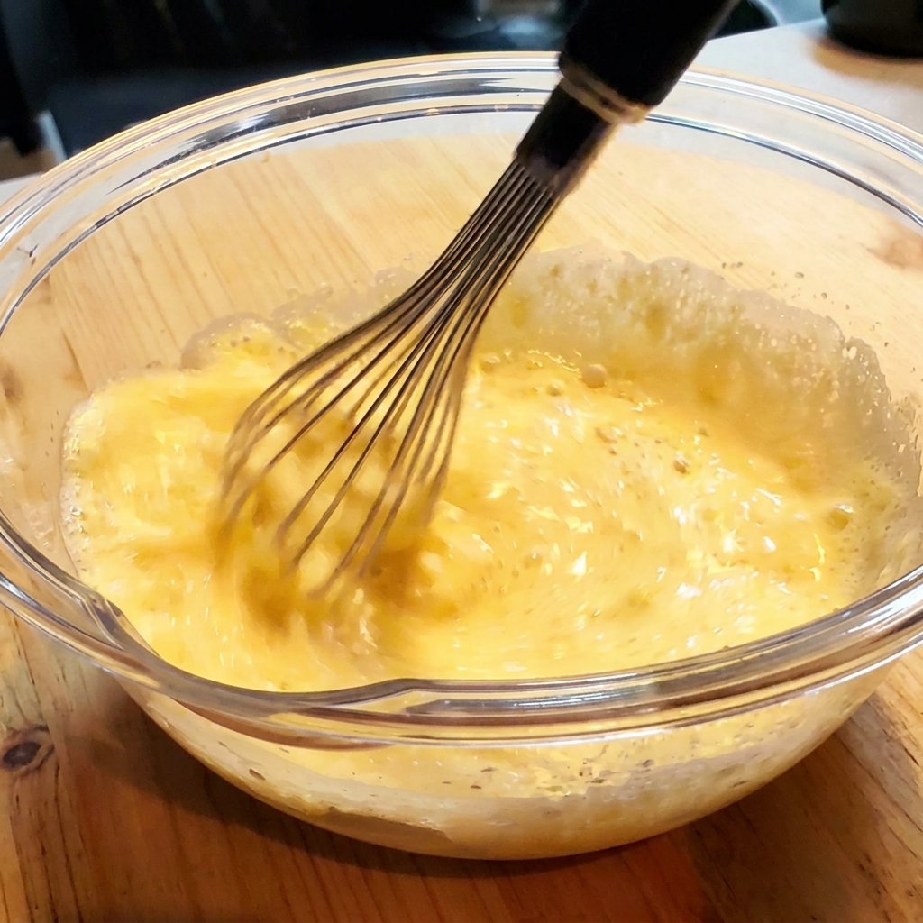 Pâte à tempura fouettée dans un bol en verre.