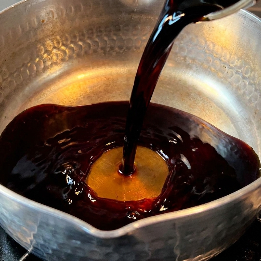 Une petite casserole sur la cuisinière contenant un mélange de sauce sombre qui mijote, remuée avec une cuillère.