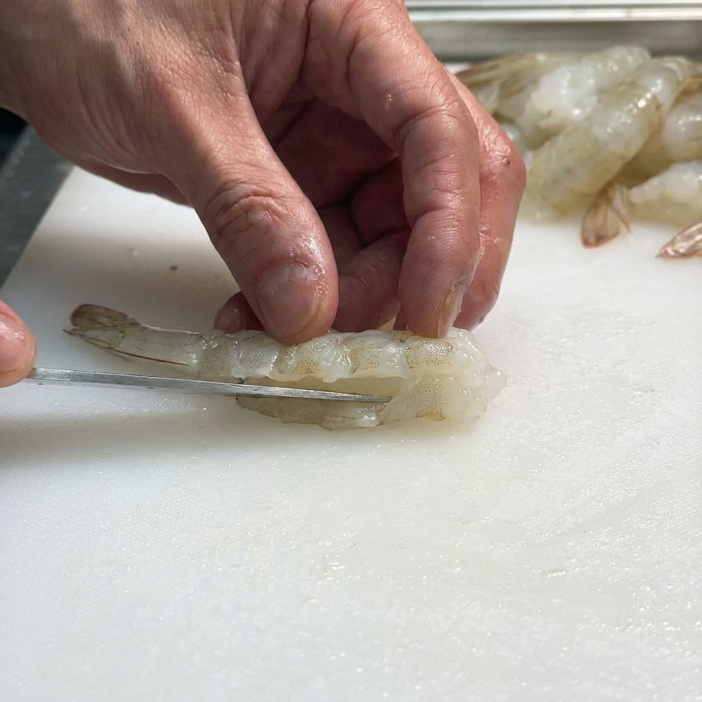 Gros plan dune main utilisant un couteau pour déveiner délicatement une crevette crue sur une planche à découper blanche.